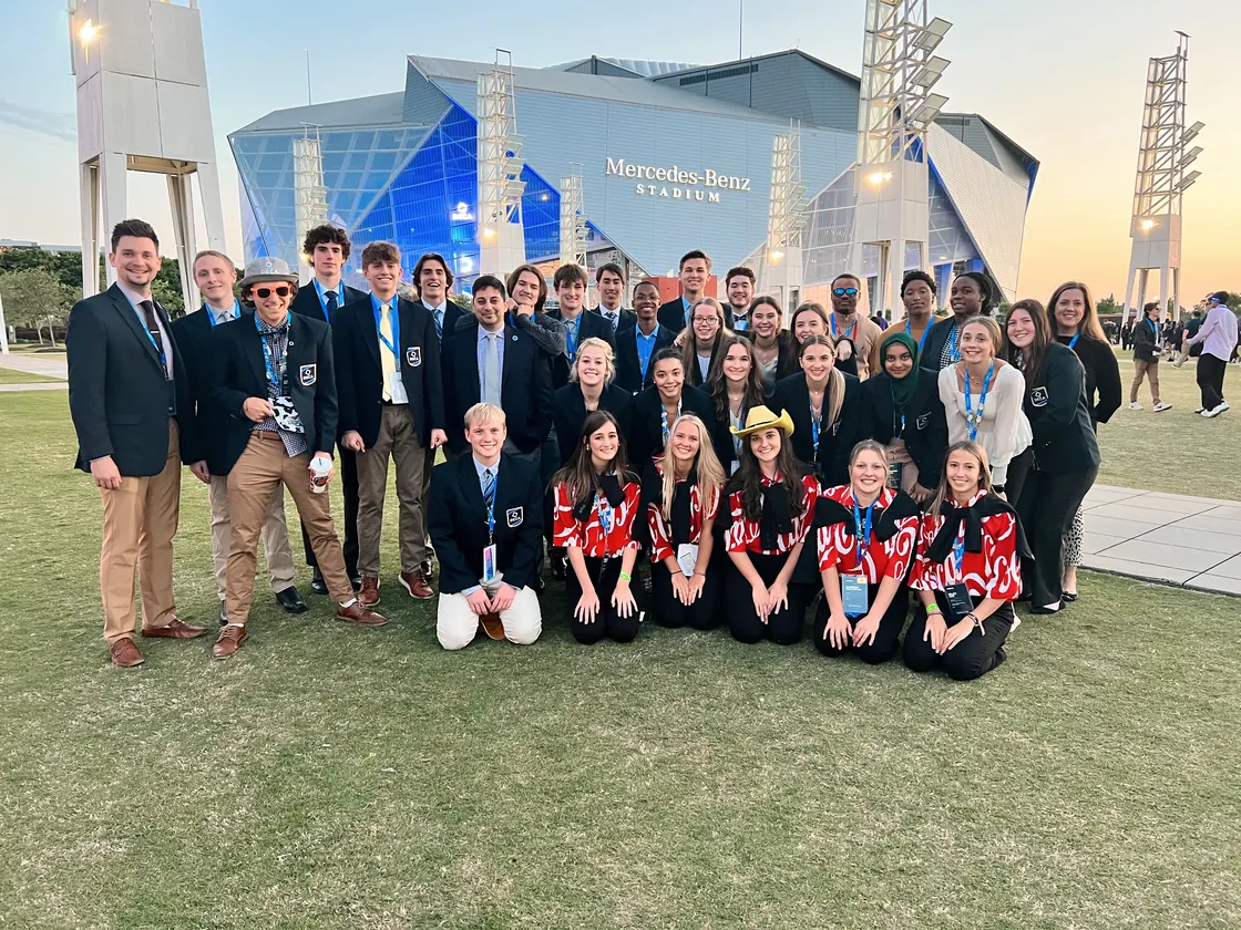 Brownsburg DECA members outside Mercedes-Benz Stadium in Atlanta for the international career development conference