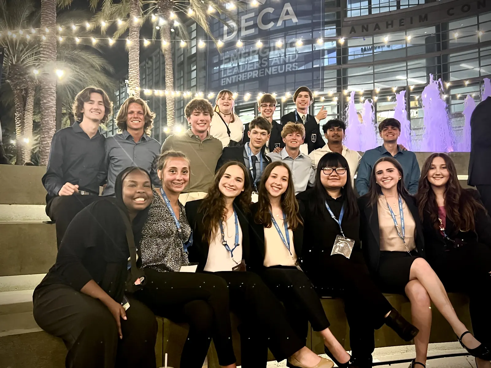 Brownsburg DECA members outside the Anaheim Convention Center in the evening